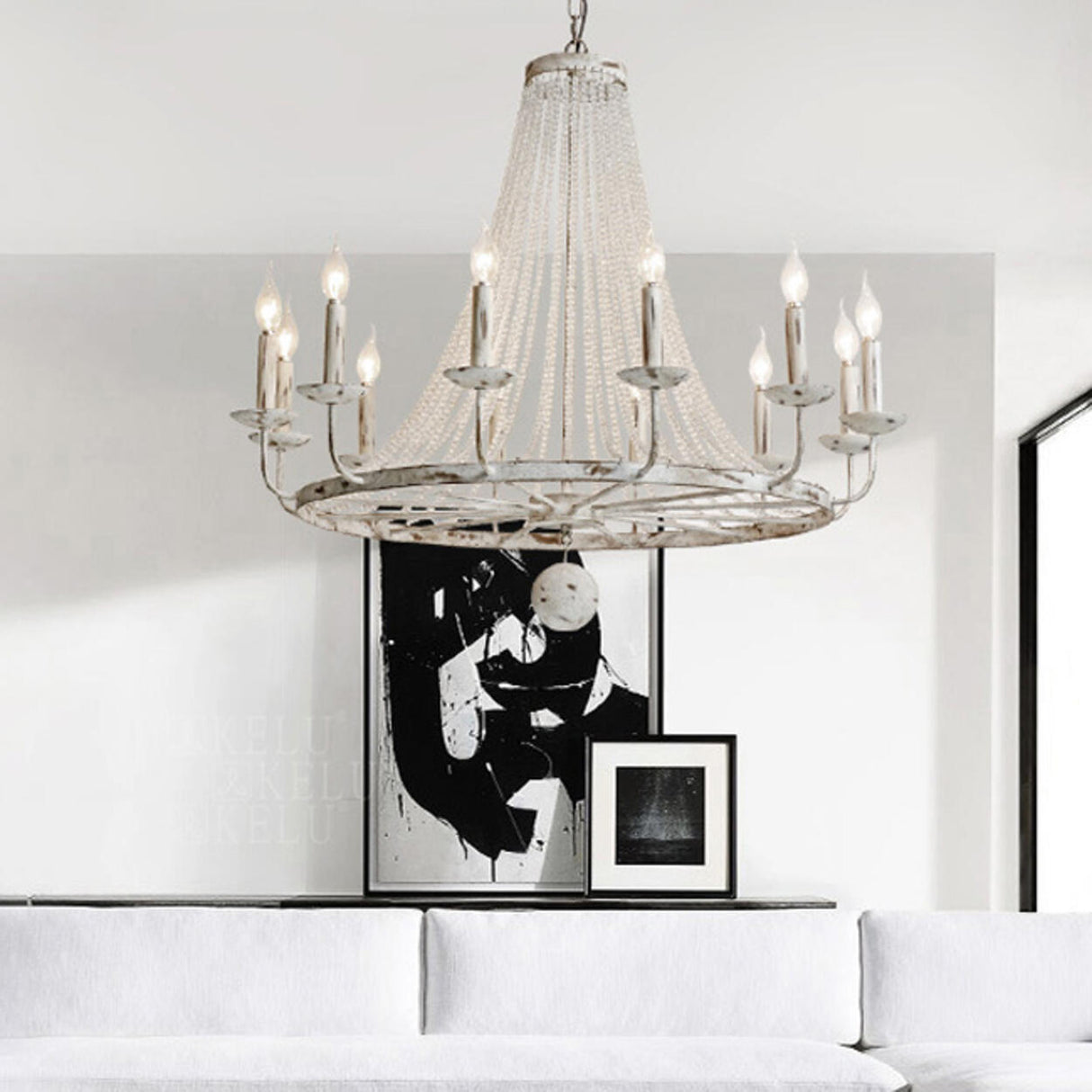 Vintage White Beaded Candle Chandelier Adjustable Height Image - 8