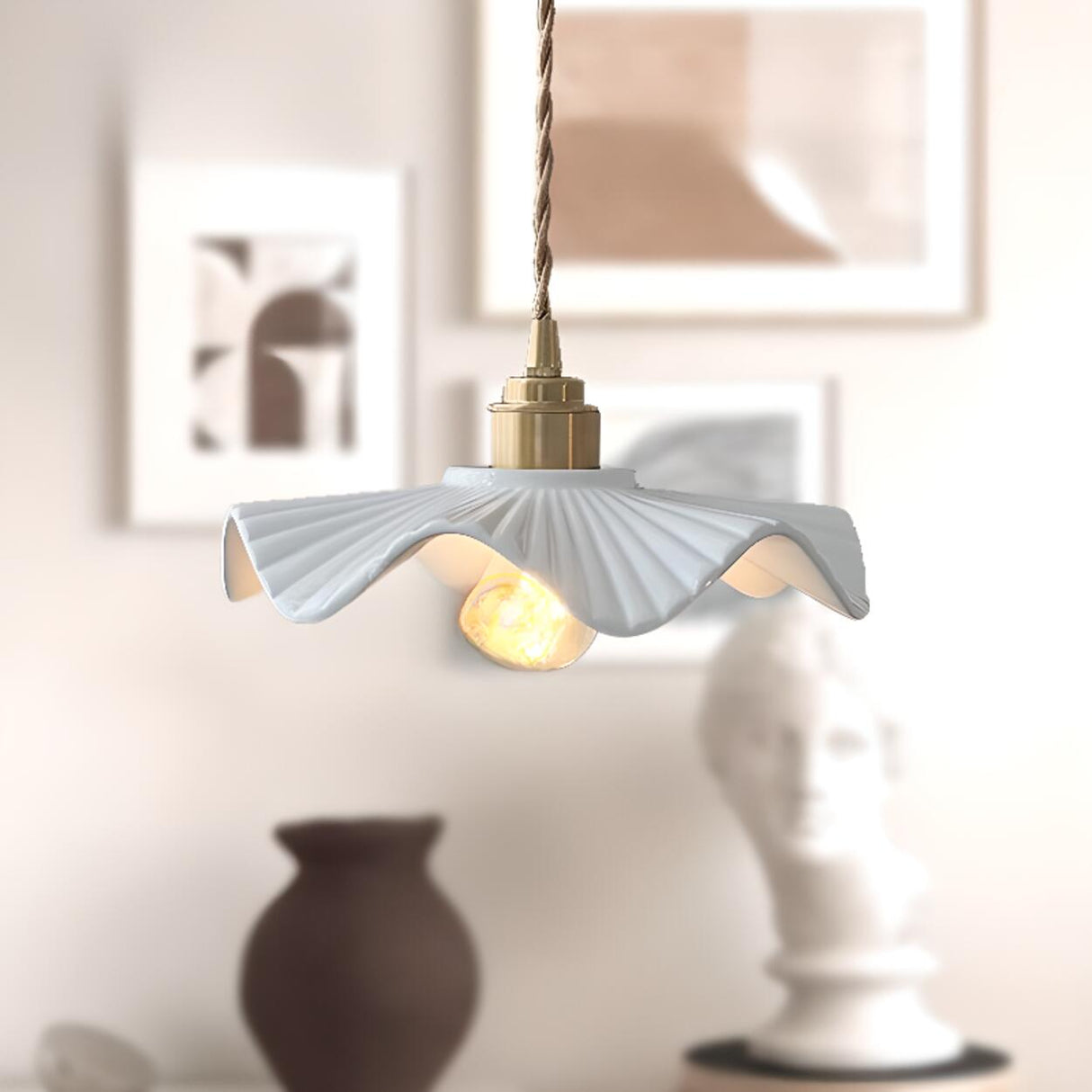 Vintage White Ceramic Floral Pendant Ceiling Light Image - 7