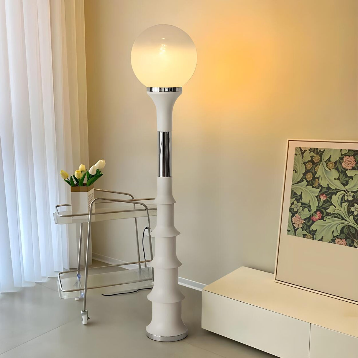Vintage White Globe and Space Age Bamboo Floor Lamp Image - 1
