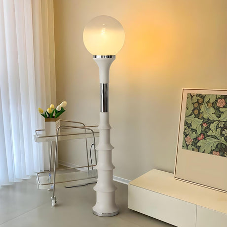 Vintage White Globe and Space Age Bamboo Floor Lamp Image - 1