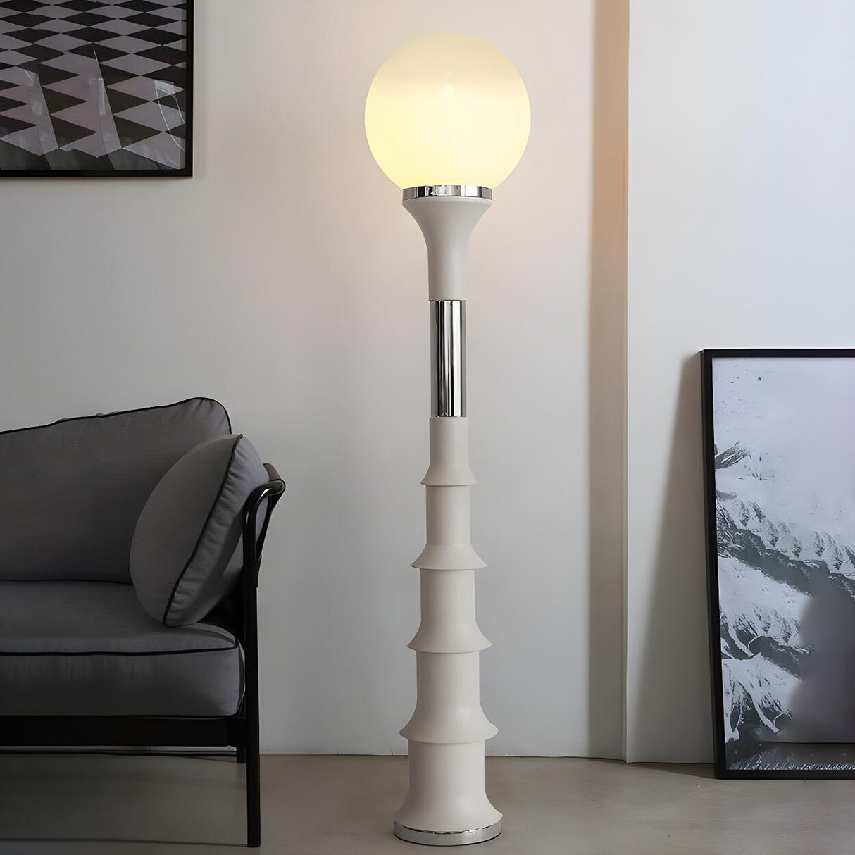 Vintage White Globe and Space Age Bamboo Floor Lamp Image - 3