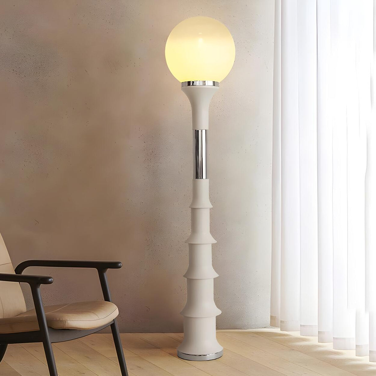 Vintage White Globe and Space Age Bamboo Floor Lamp Image - 4