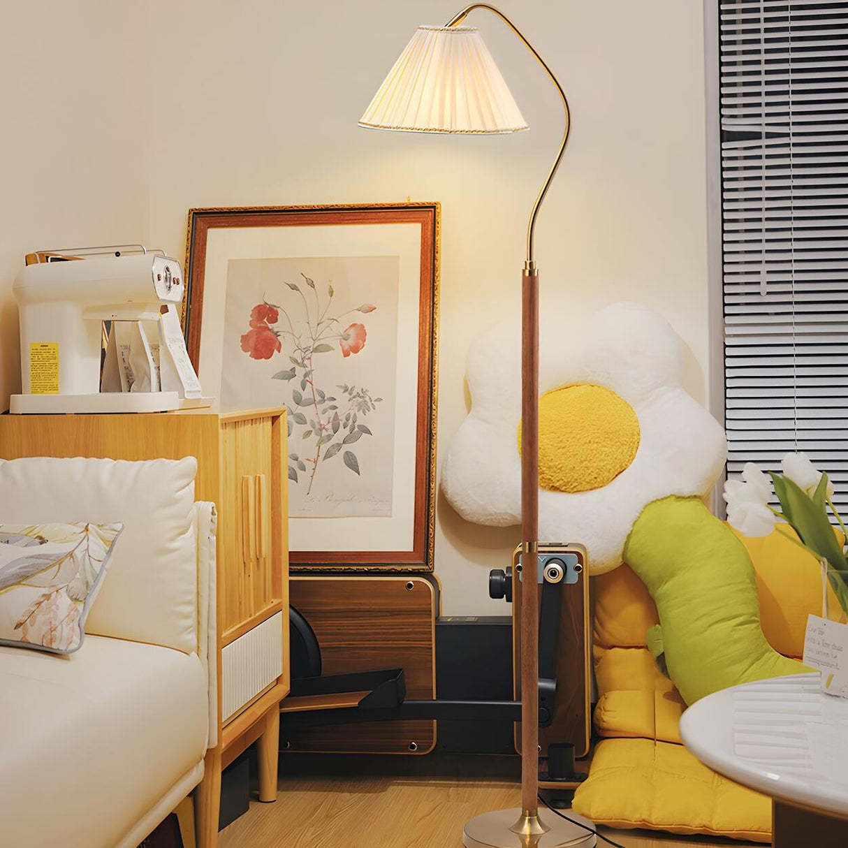 Vintage White Pleated Shade Wooden LED Floor Lamp Image - 4