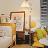 Vintage White Pleated Shade Wooden LED Floor Lamp Image - 4