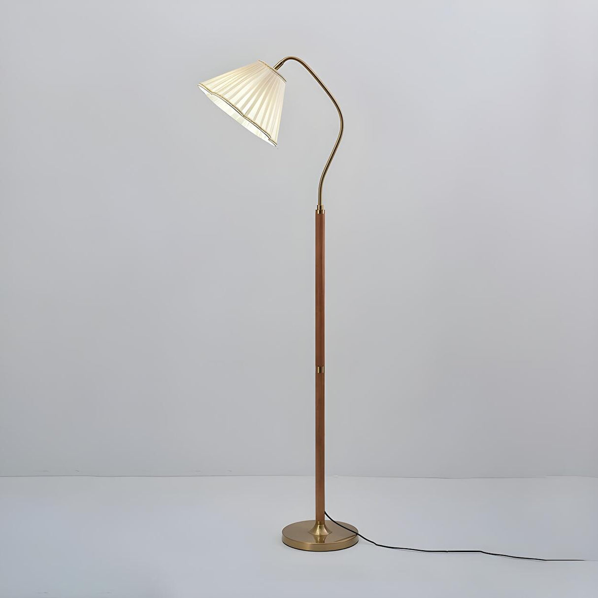 Vintage White Pleated Shade Wooden LED Floor Lamp Image - 7