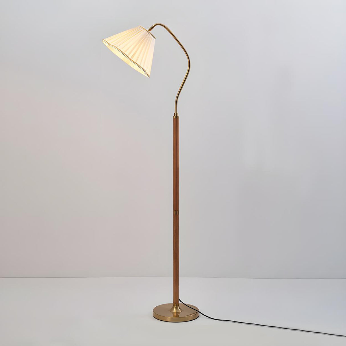 Vintage White Pleated Shade Wooden LED Floor Lamp Image - 8