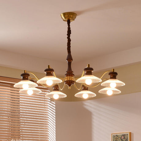 Vintage Wood and Brass Textured Glass Cone Round Chandelier Image - 1