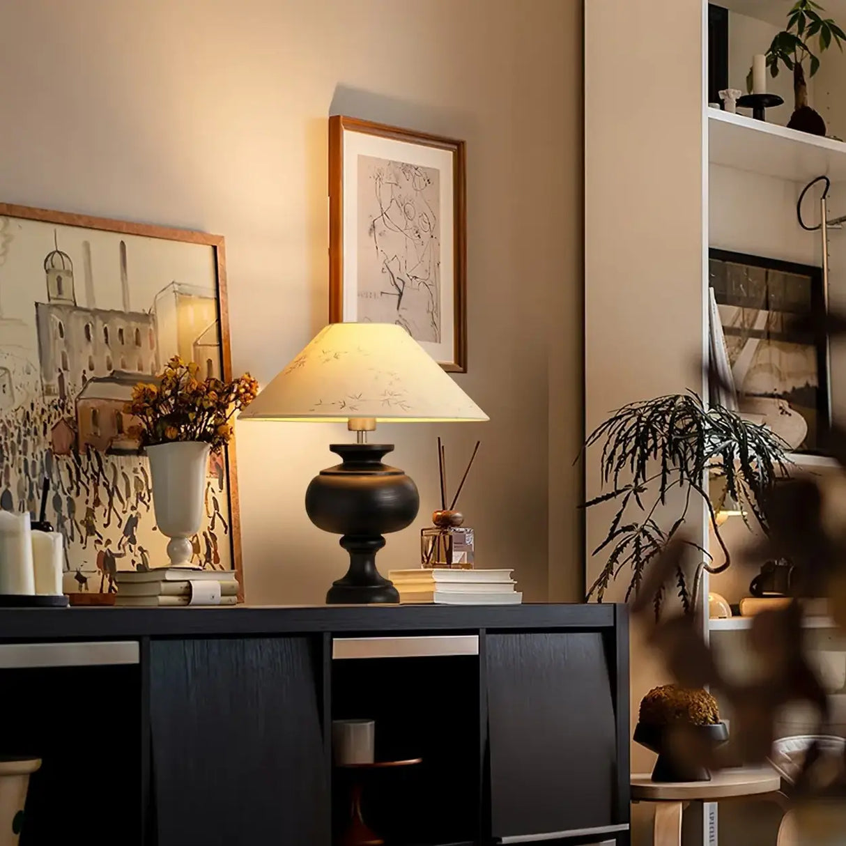 Vintage Wood Beige Cone Shade Inline Switch Table Lamp Image - 13