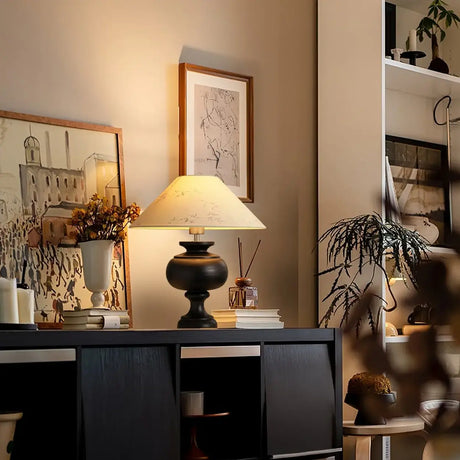 Vintage Wood Beige Cone Shade Inline Switch Table Lamp Image - 13