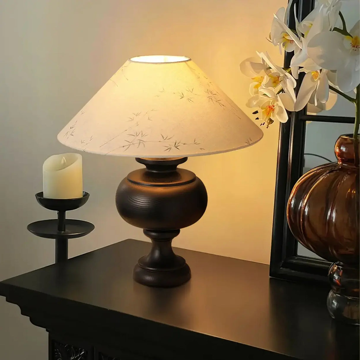 Vintage Wood Beige Cone Shade Inline Switch Table Lamp Image - 2