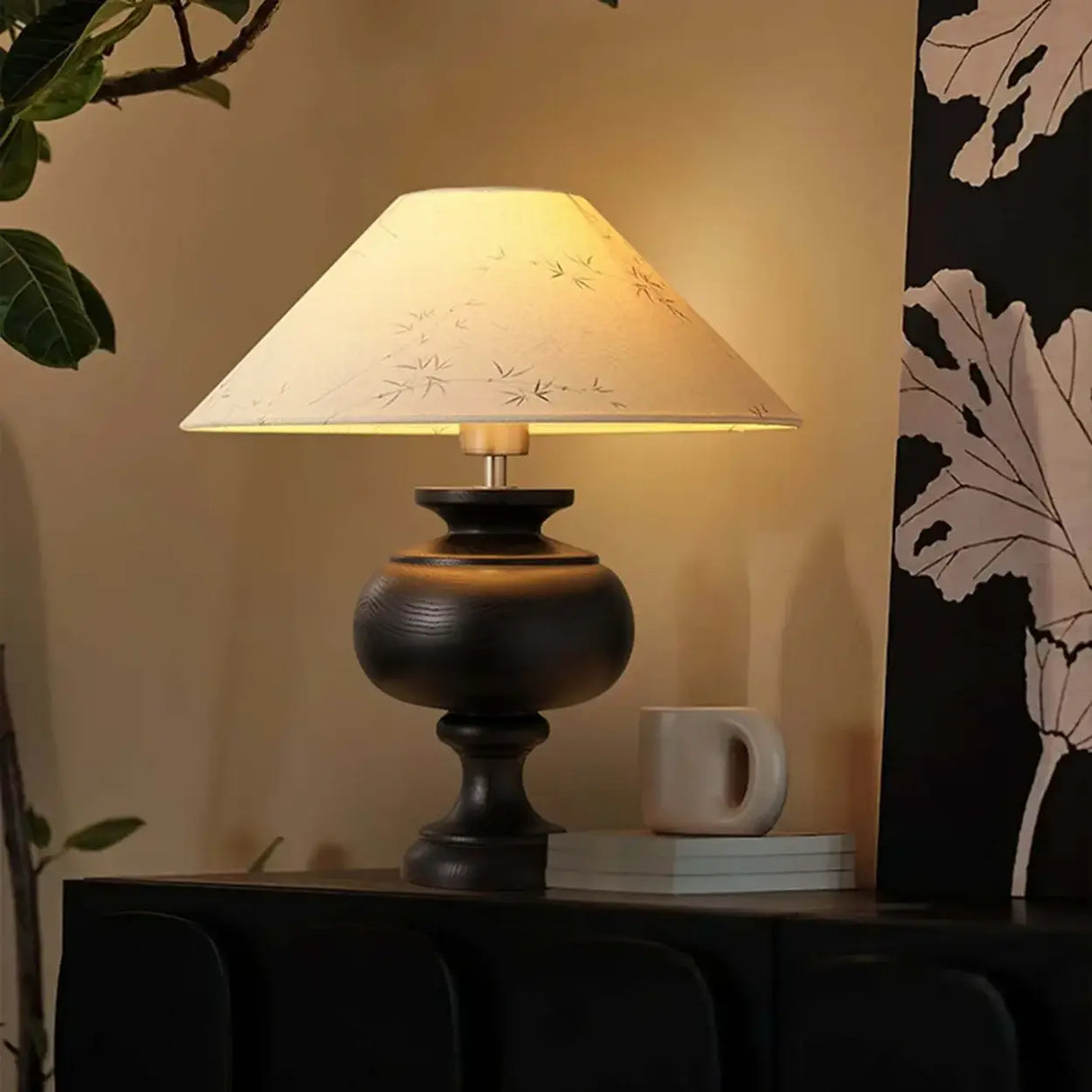 Vintage Wood Beige Cone Shade Inline Switch Table Lamp Image - 4