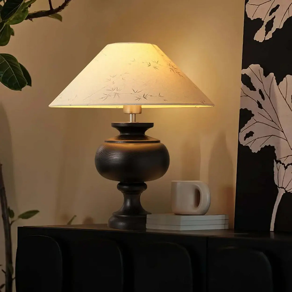 Vintage Wood Beige Cone Shade Inline Switch Table Lamp Image - 5