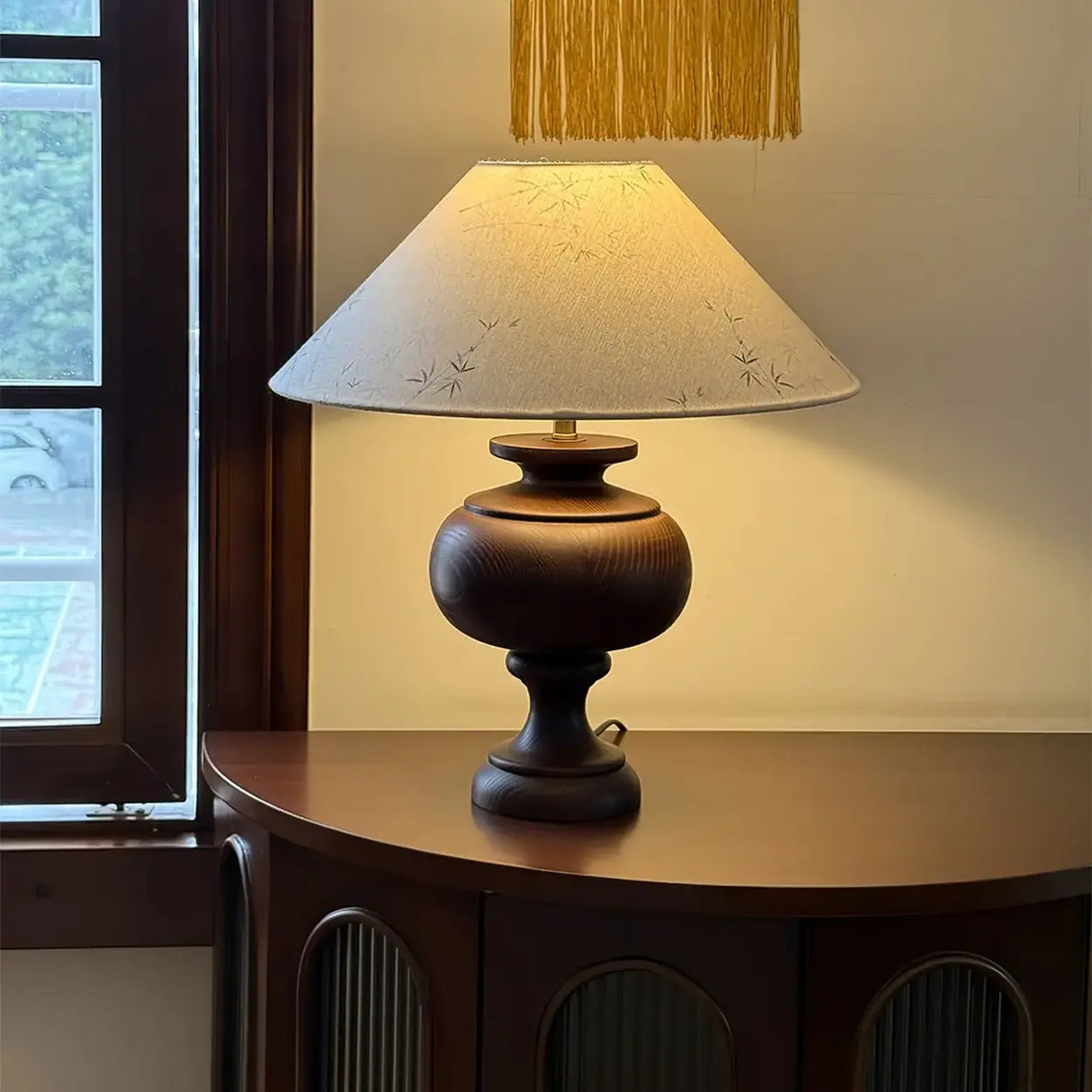 Vintage Wood Beige Cone Shade Inline Switch Table Lamp Image - 8