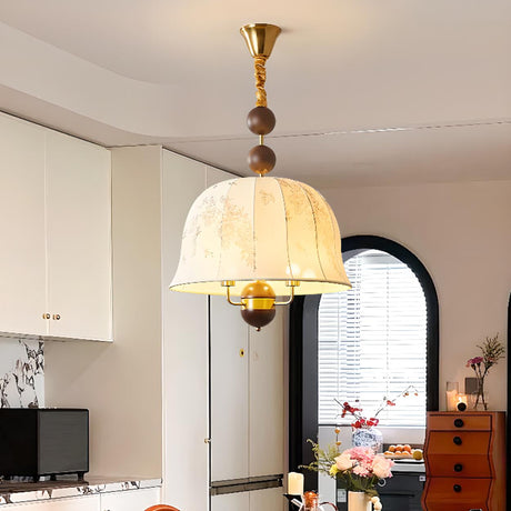  Vintage Wood Fabric Floral Dome Pendant Chandelier Image - 1
