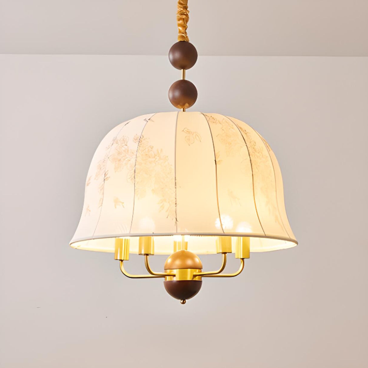  Vintage Wood Fabric Floral Dome Pendant Chandelier Image - 10