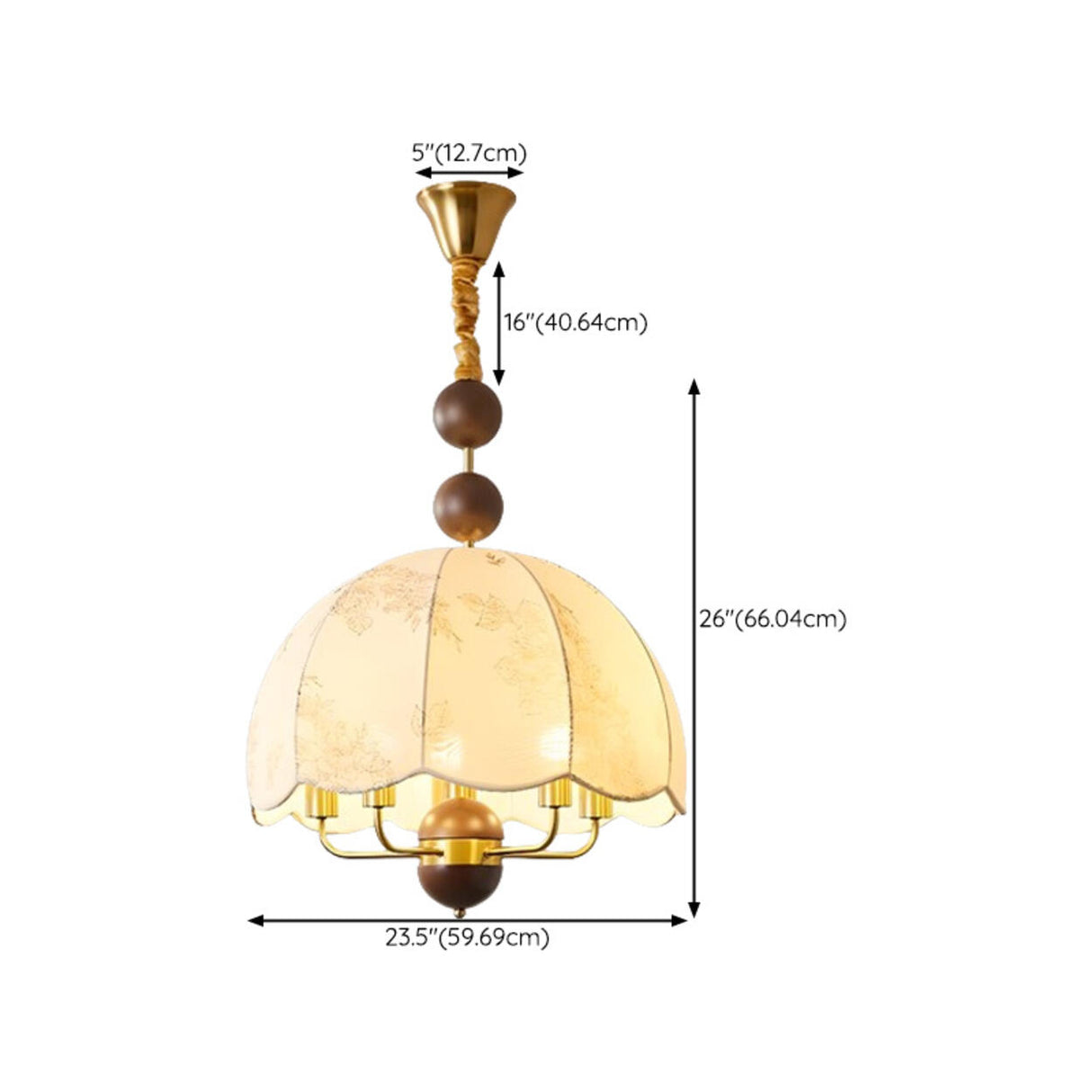  Vintage Wood Fabric Floral Dome Pendant Chandelier Image - 14