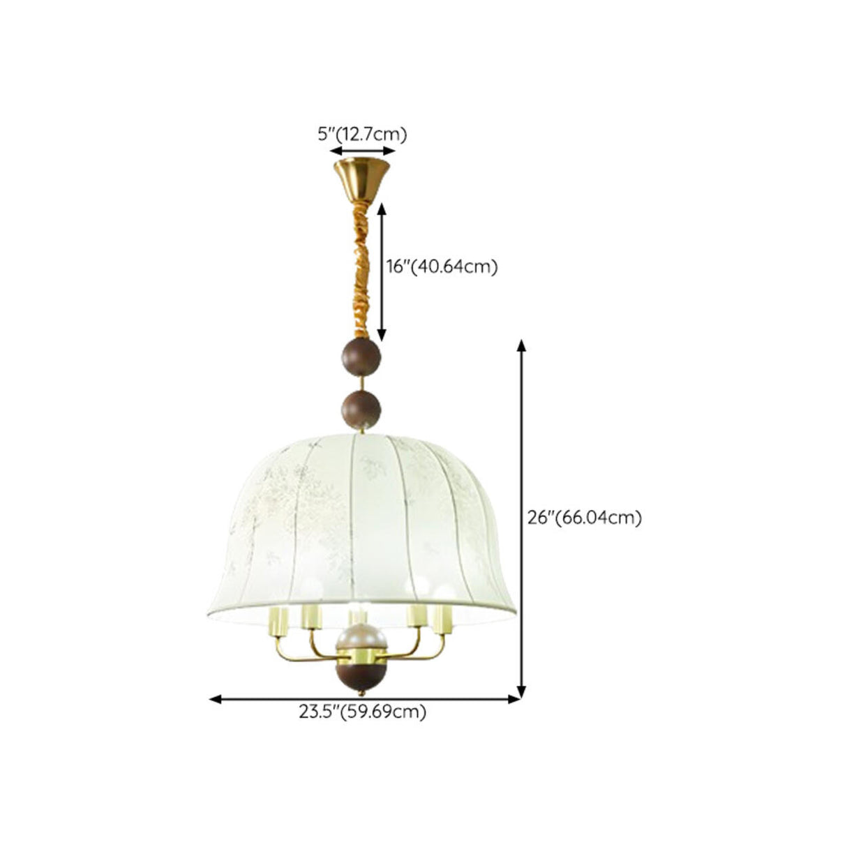  Vintage Wood Fabric Floral Dome Pendant Chandelier Image - 16