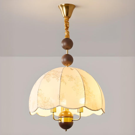  Vintage Wood Fabric Floral Dome Pendant Chandelier Image - 2
