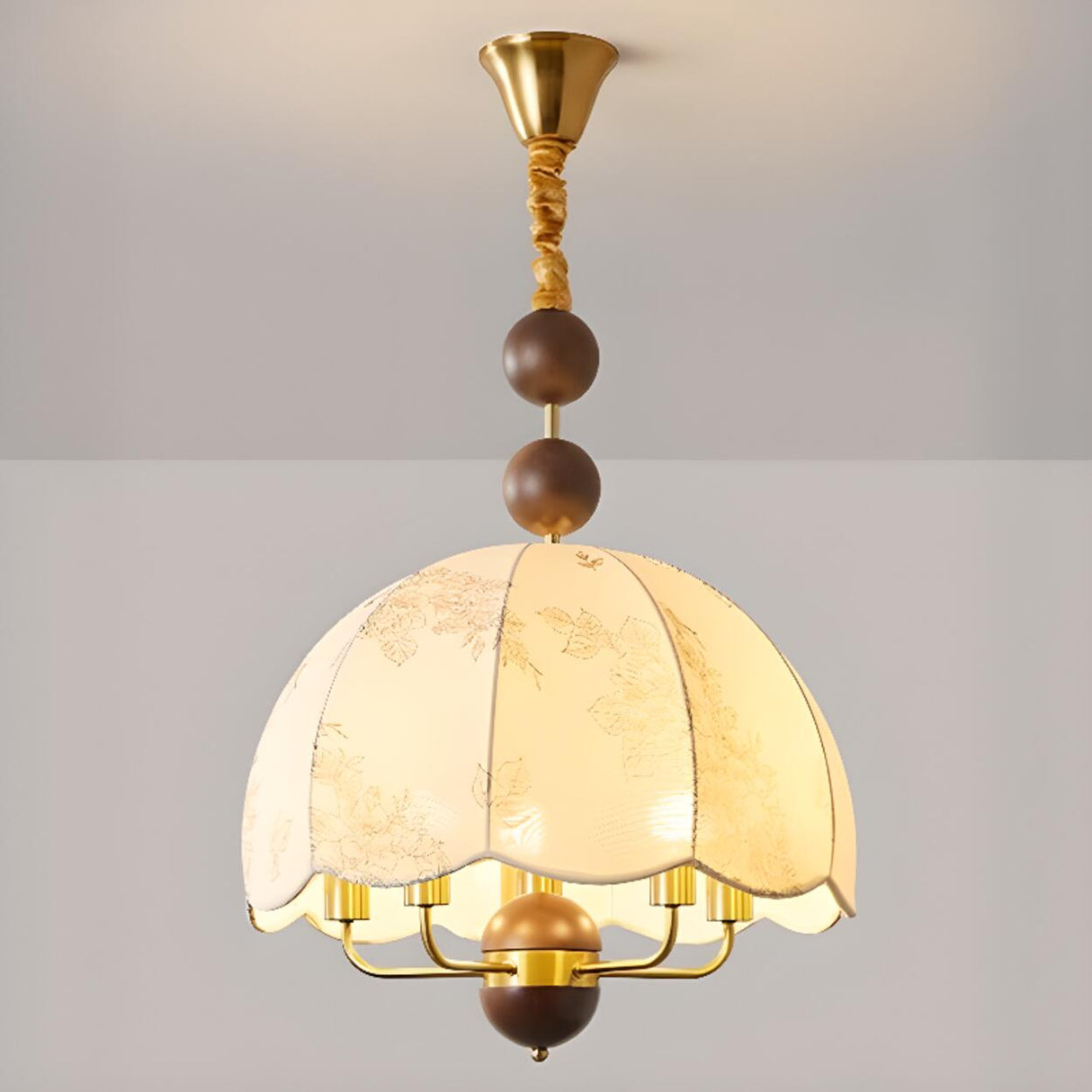  Vintage Wood Fabric Floral Dome Pendant Chandelier Image - 3