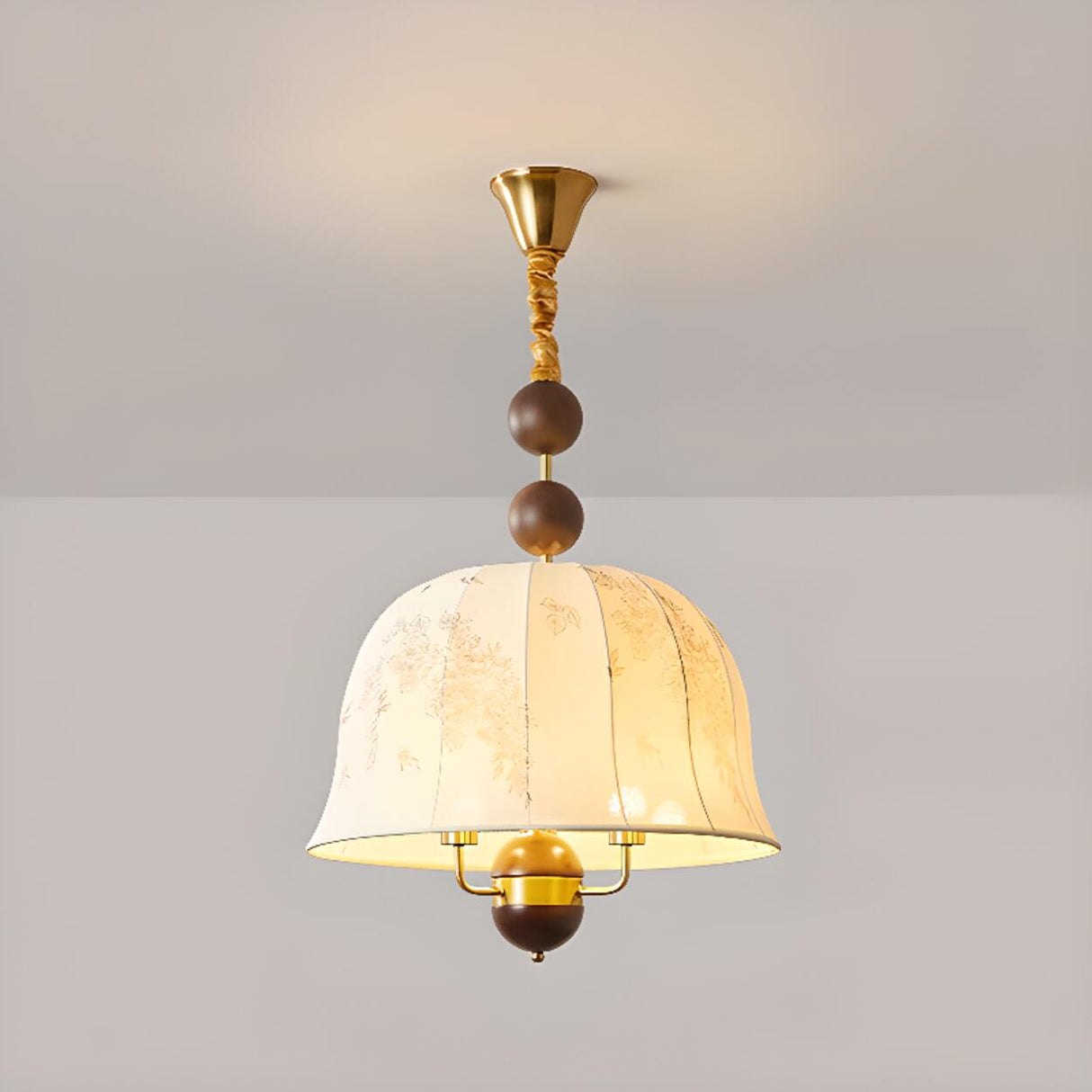  Vintage Wood Fabric Floral Dome Pendant Chandelier Image - 5