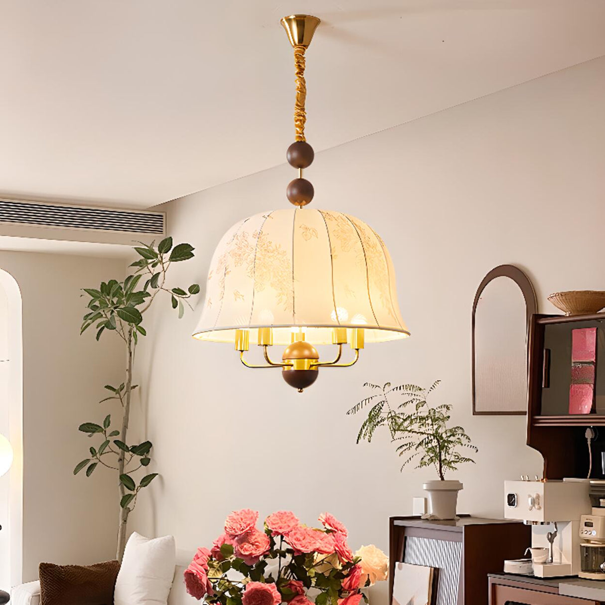  Vintage Wood Fabric Floral Dome Pendant Chandelier Image - 6