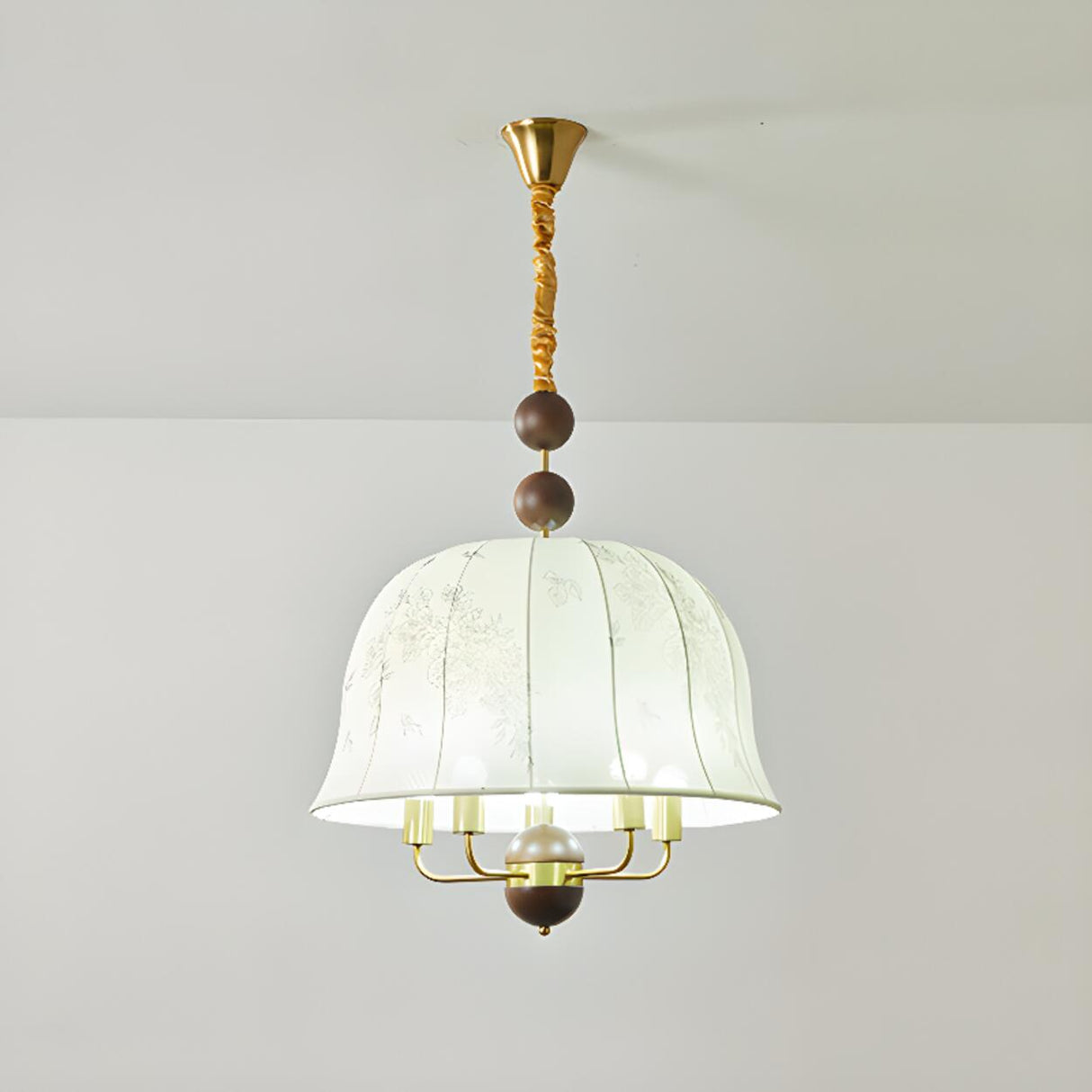  Vintage Wood Fabric Floral Dome Pendant Chandelier Image - 7