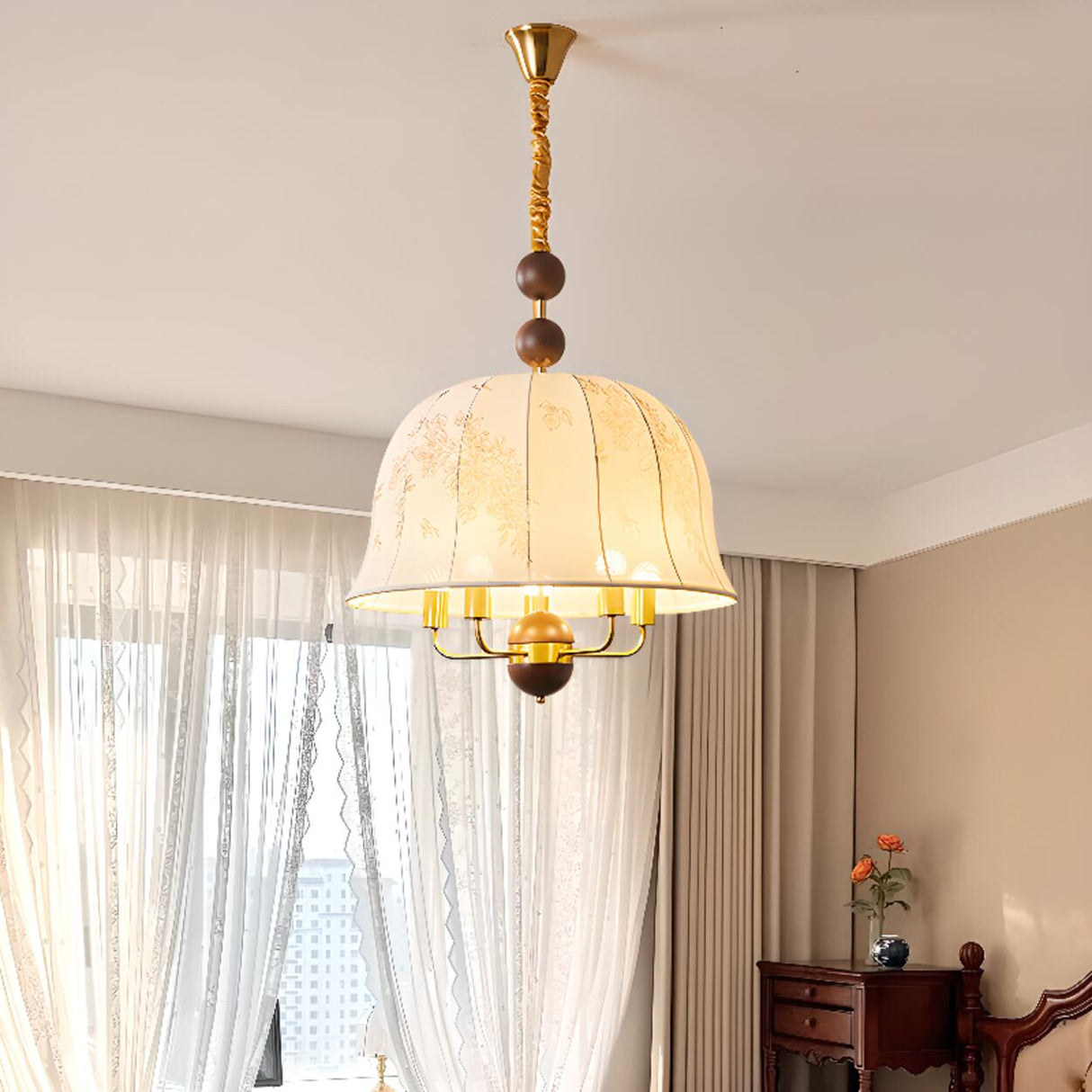  Vintage Wood Fabric Floral Dome Pendant Chandelier Image - 8