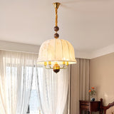  Vintage Wood Fabric Floral Dome Pendant Chandelier Image - 8
