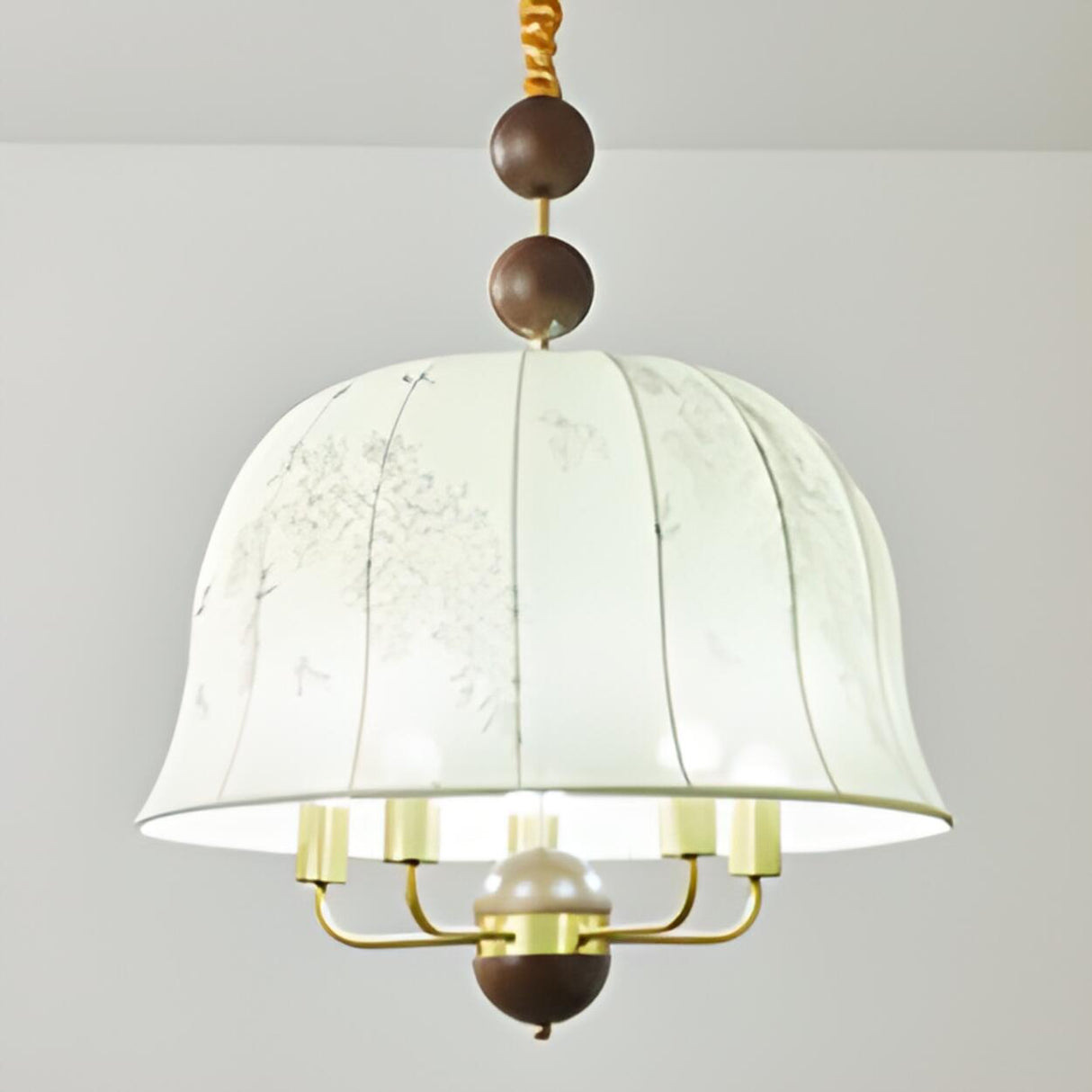  Vintage Wood Fabric Floral Dome Pendant Chandelier Image - 9