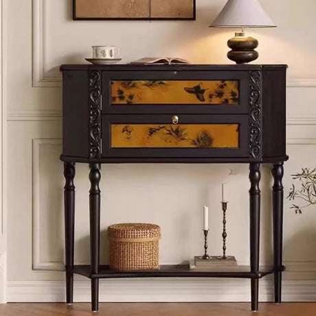Vintage Wood Floor Shelf Console Table with Drawers Image - 1