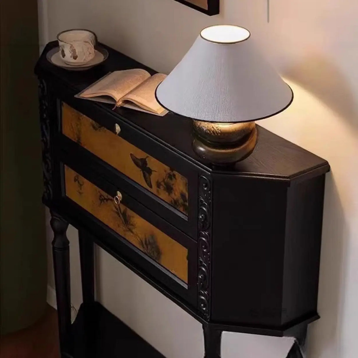 Vintage Wood Floor Shelf Console Table with Drawers Image - 4