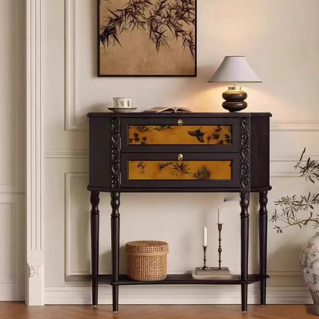 Vintage Wood Floor Shelf Console Table with Drawers Image - 6