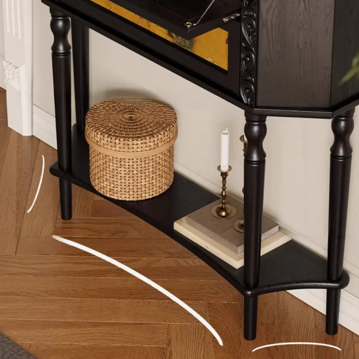 Vintage Wood Floor Shelf Console Table with Drawers Image - 8