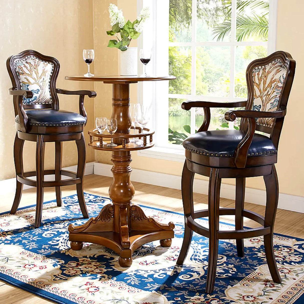 Vintage Wood Leather Swivel Armrest Counter Height Bar Stool Image - 1