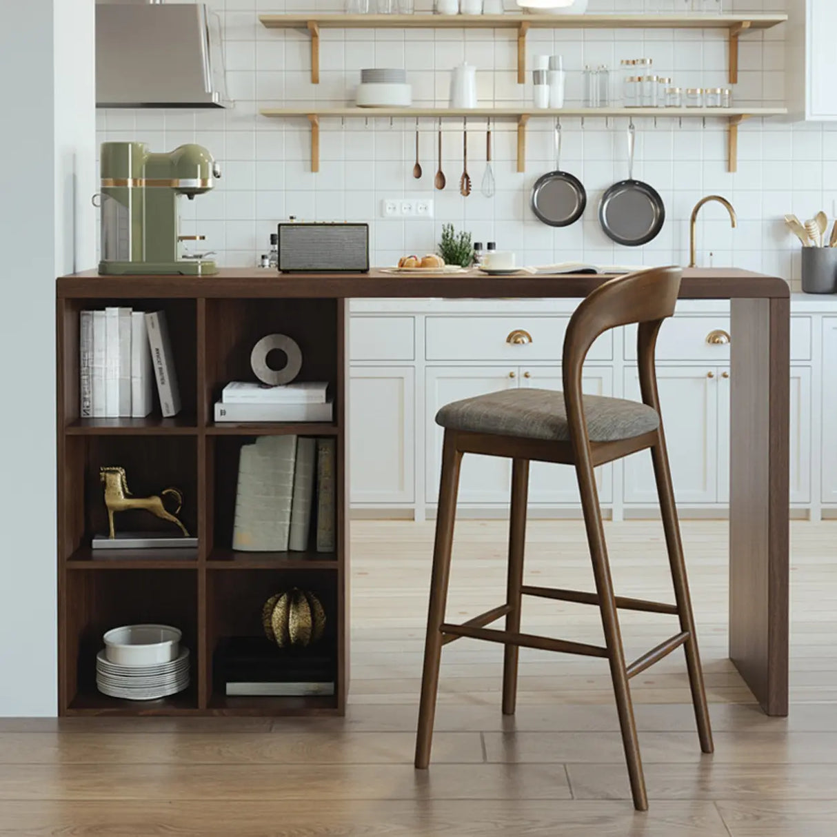 Vintage Wood Storage Counter Height Bar Stool with Shelves Image - 1