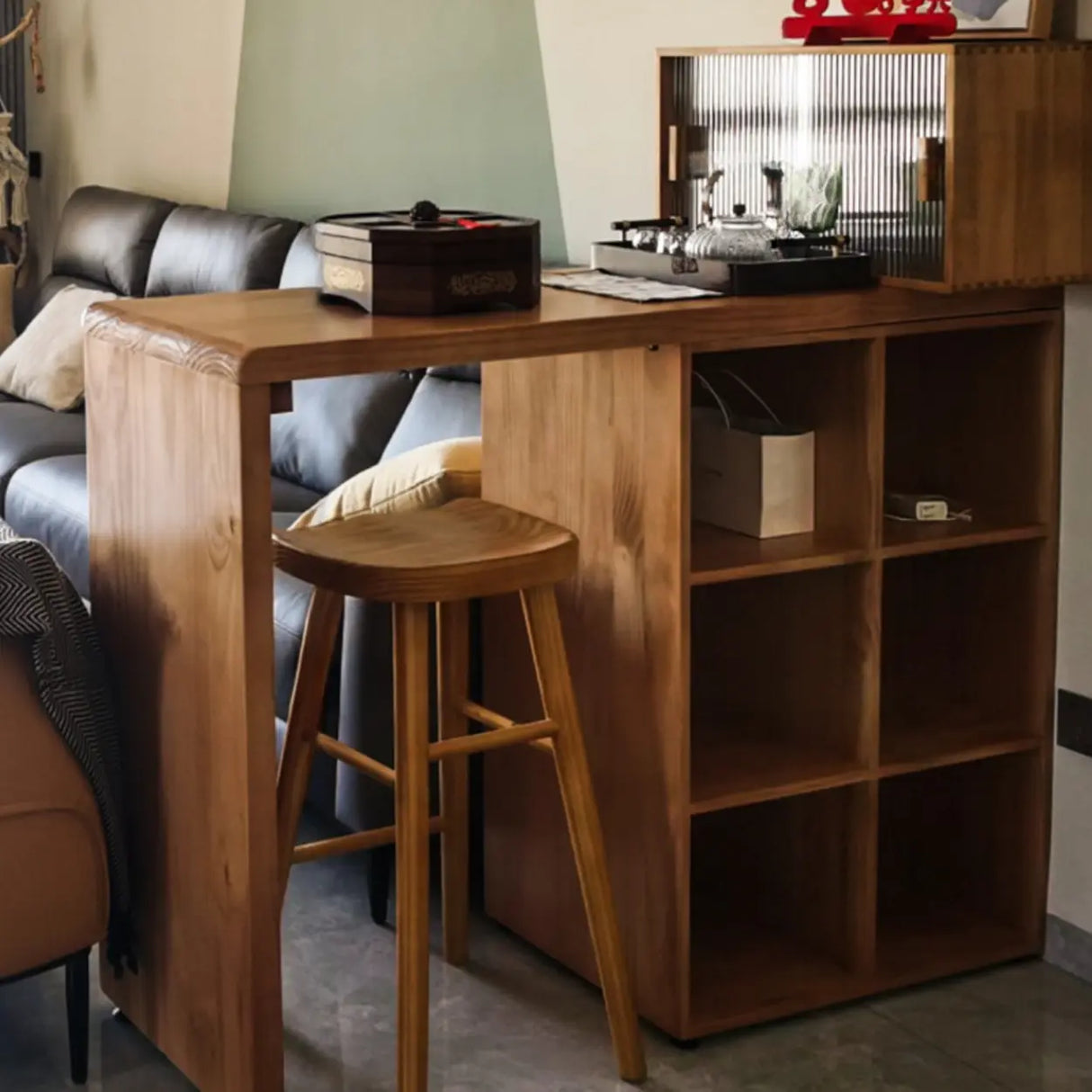 Vintage Wood Storage Counter Height Bar Stool with Shelves Image - 4