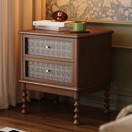 Vintage Wood Walnut Nightstand with Embossed Drawers Image - 1