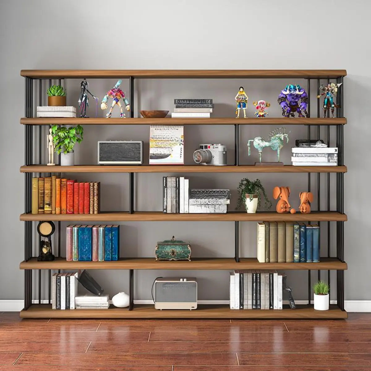 Vintage Wooden Rectangular Metal Open Display Bookcase Image - 1