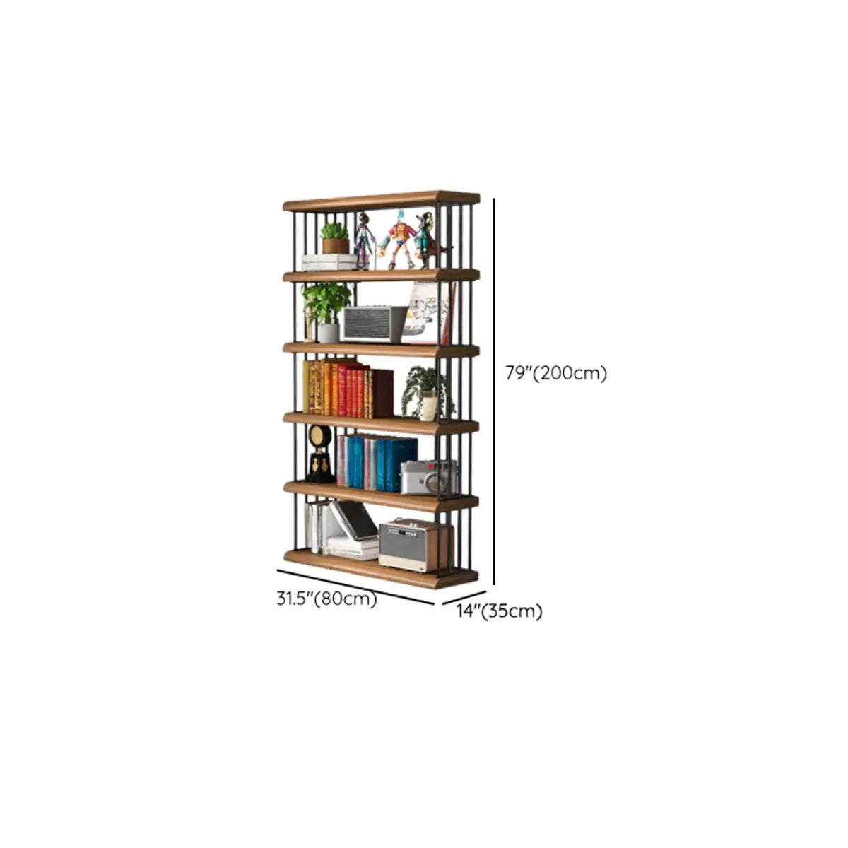 Vintage Wooden Rectangular Metal Open Display Bookcase 