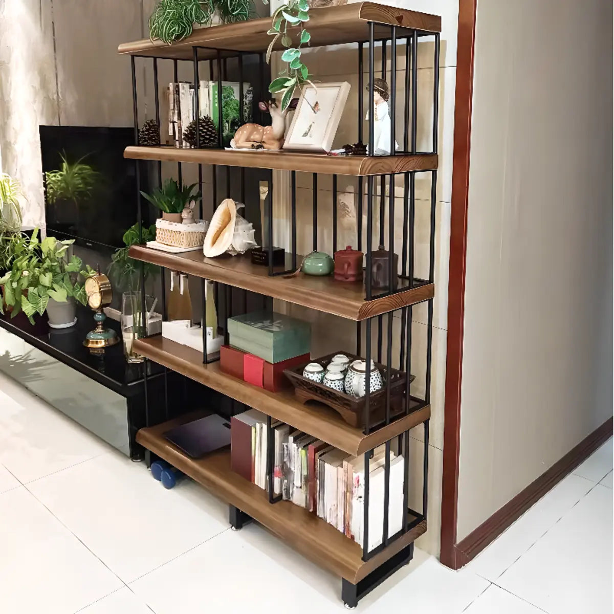 Vintage Wooden Rectangular Metal Open Display Bookcase Image - 4
