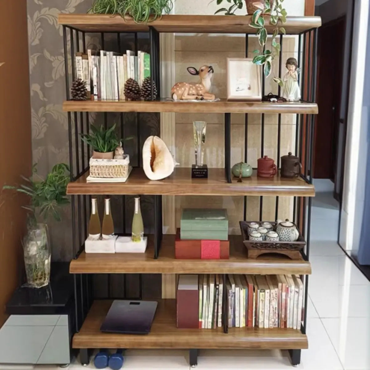 Vintage Wooden Rectangular Metal Open Display Bookcase Image - 5