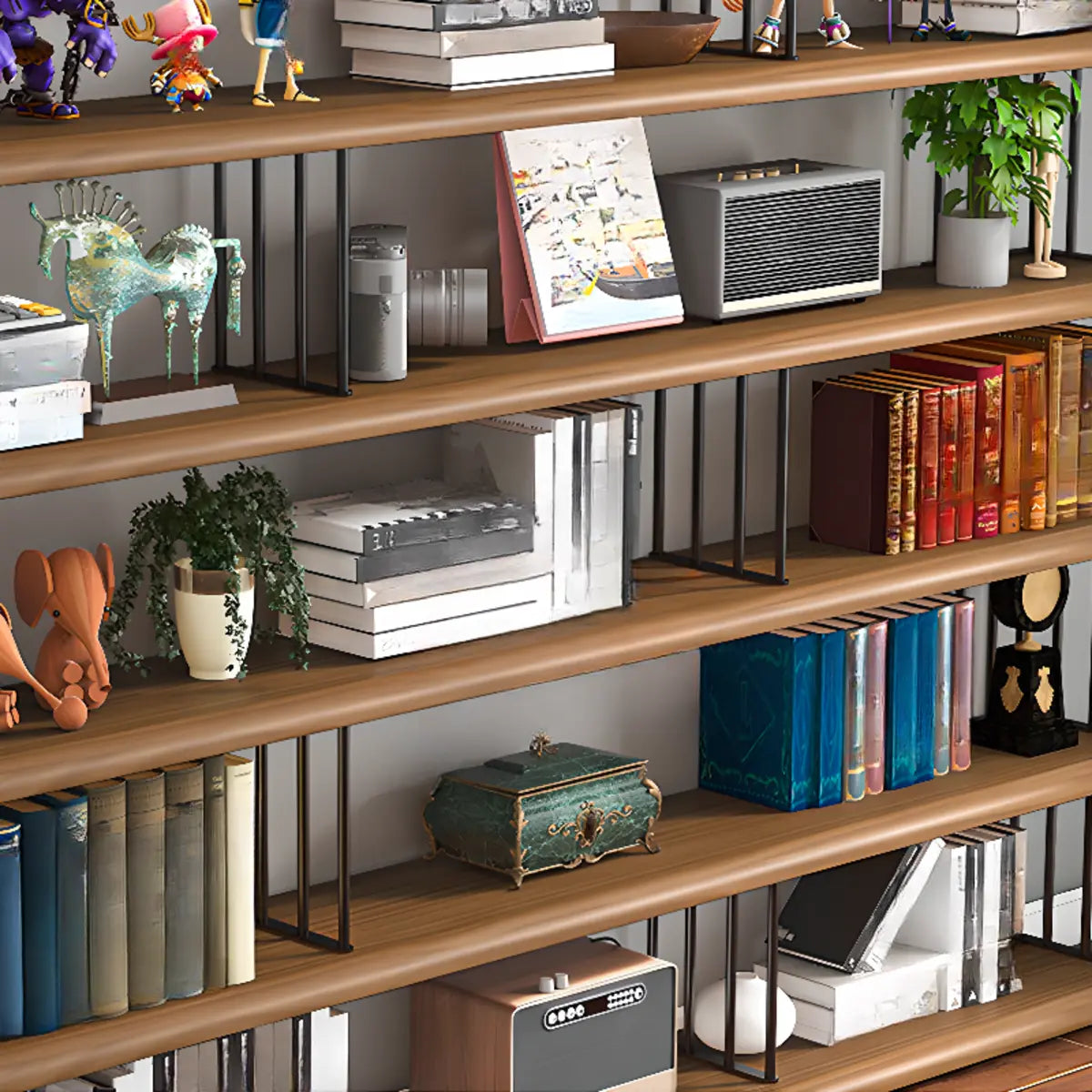 Vintage Wooden Rectangular Metal Open Display Bookcase Image - 7