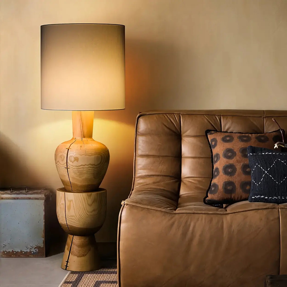 Wabi-sabi  Gray Drum Sculptural Stacked Wood Floor Lamp Image - 2