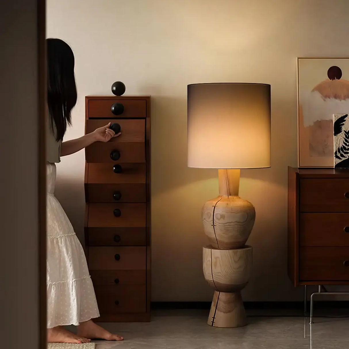 Wabi-sabi  Gray Drum Sculptural Stacked Wood Floor Lamp Image - 5