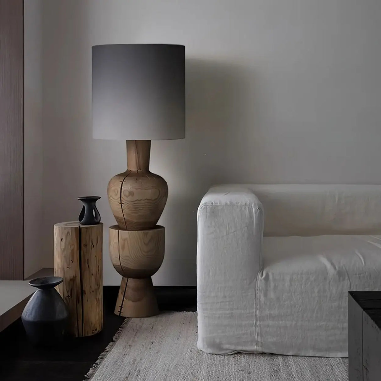 Wabi-sabi  Gray Drum Sculptural Stacked Wood Floor Lamp Image - 6