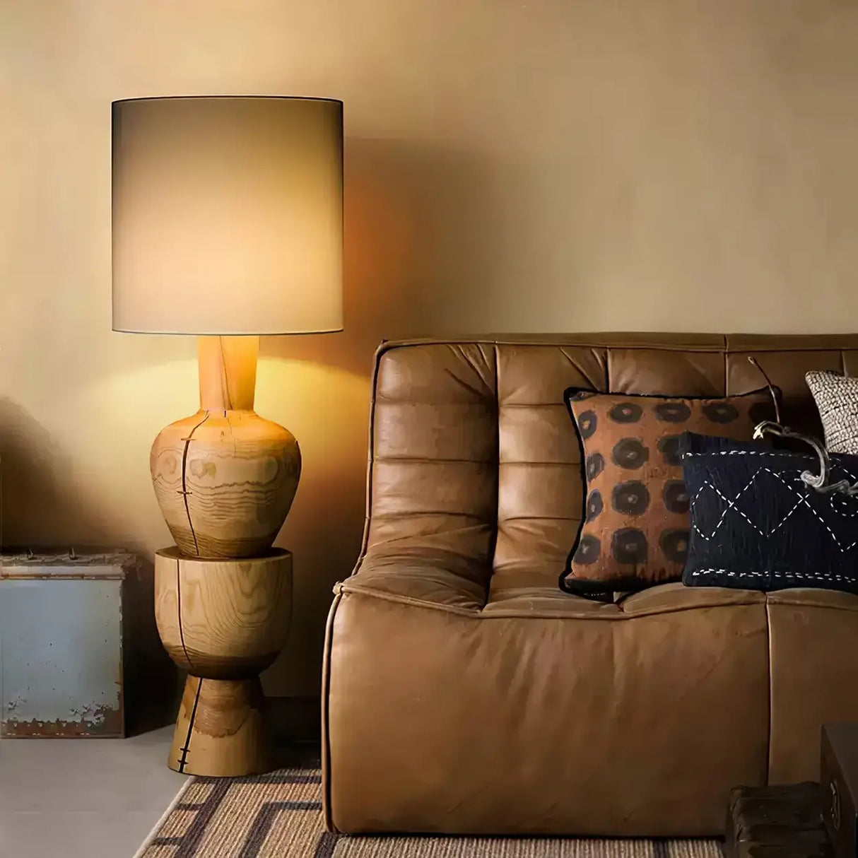 Wabi-sabi  Gray Drum Sculptural Stacked Wood Floor Lamp Image - 9