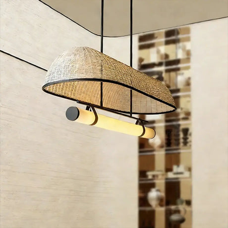 Wabi-Sabi Rustic Woven Rattan Linear Island Chandelier Image - 2