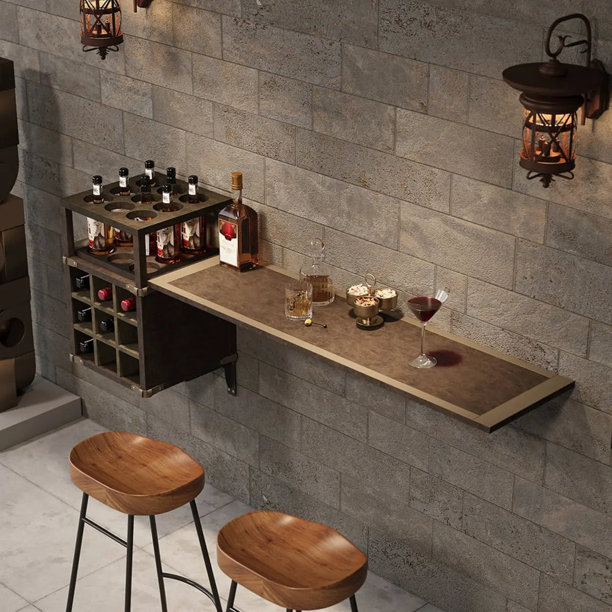 Wall-Mounted Bar Table with Wine Storage Shleves Image - 3