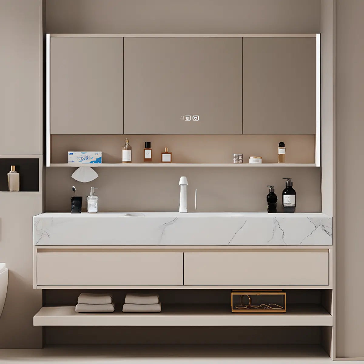 Wall Mounted Stone Bathroom Vanity with Storage Cabinet Image - 3