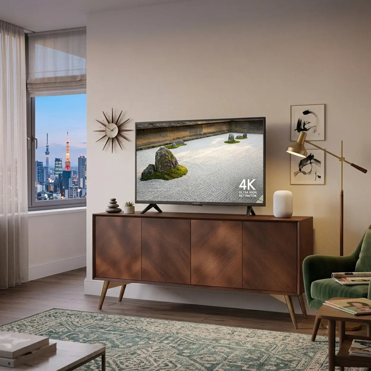 Walnut 4-Door Sideboard Cabinet with Storage and Metal Legs Image - 1